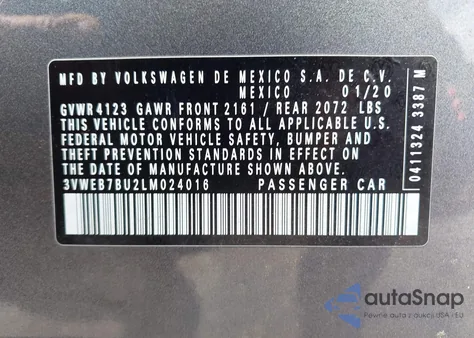 2020 Volkswagen Jetta 1.4T Sel from USA, damaged, VIN 3VWEB7BU2LM024016